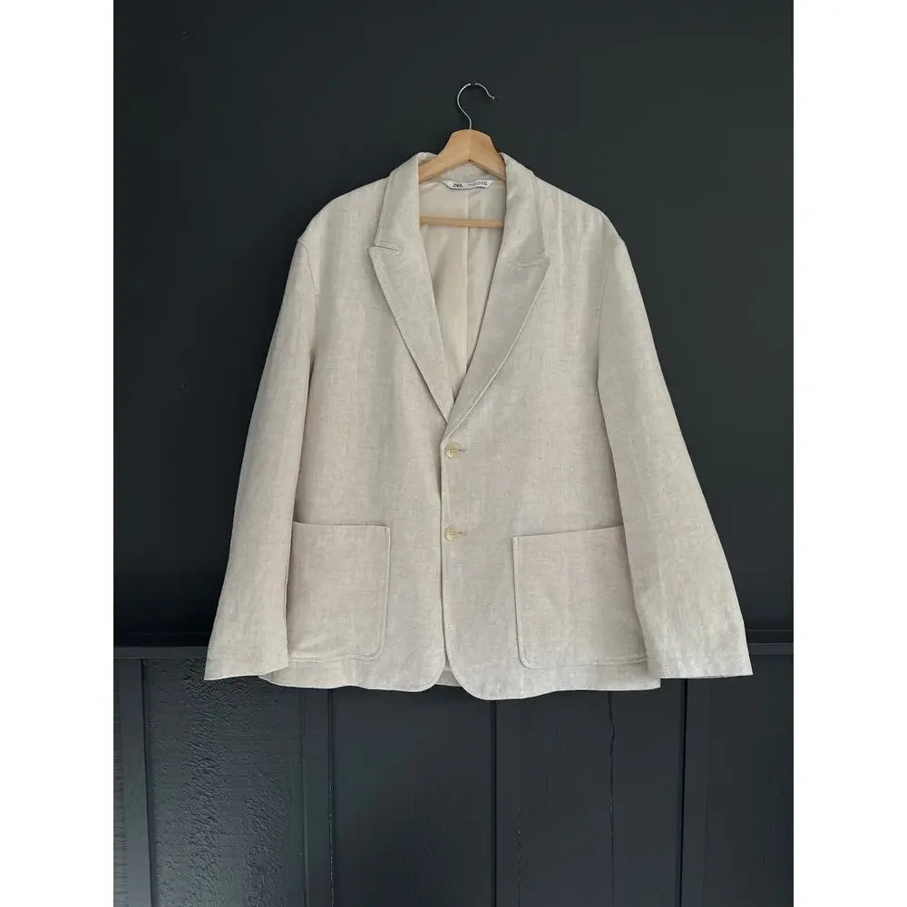 ZARA Linen Blend Sports Coat Blazer Jacket Ivory Cream Size Large